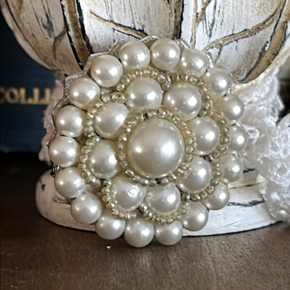 Vintage Faux Pearl Cluster Brooch Silver Tone Domed Statement Pin